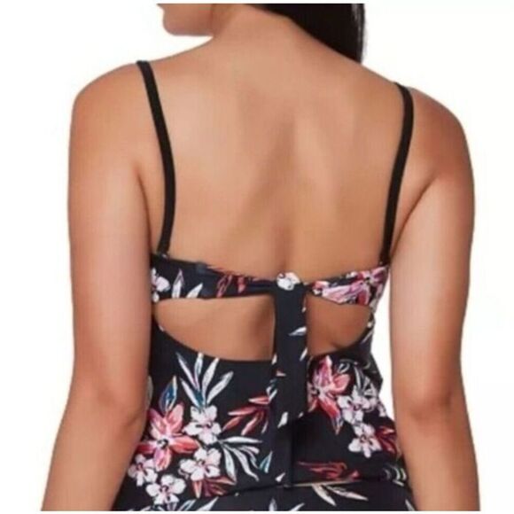 Bar III Peek a Boo Tankini Strapless Swim Top Black Floral Tropical Women Size M - Picture 2 of 7